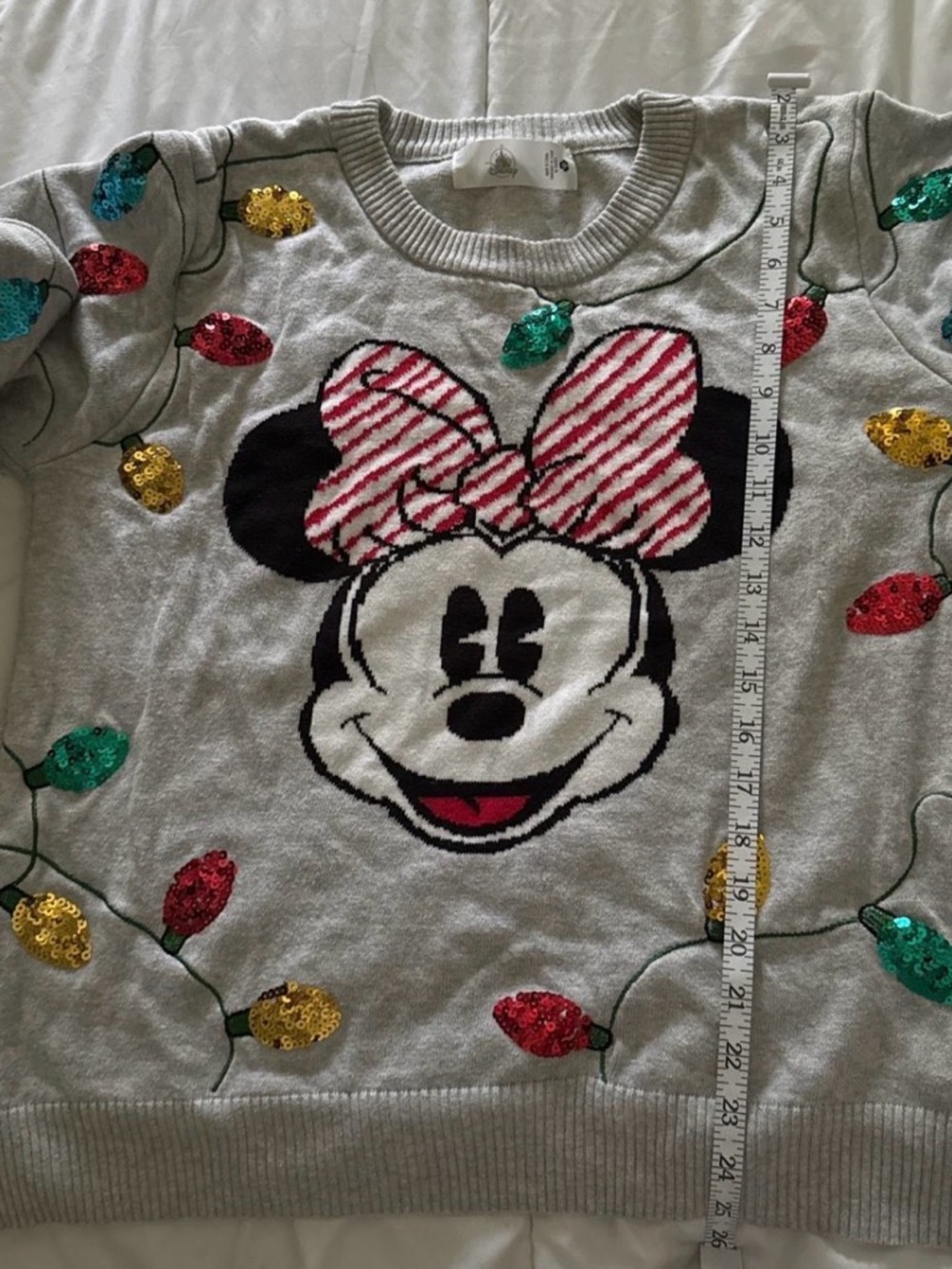 Disney Xmas Lights Minnie Mouse Sweater - Gray with Pink Bow
